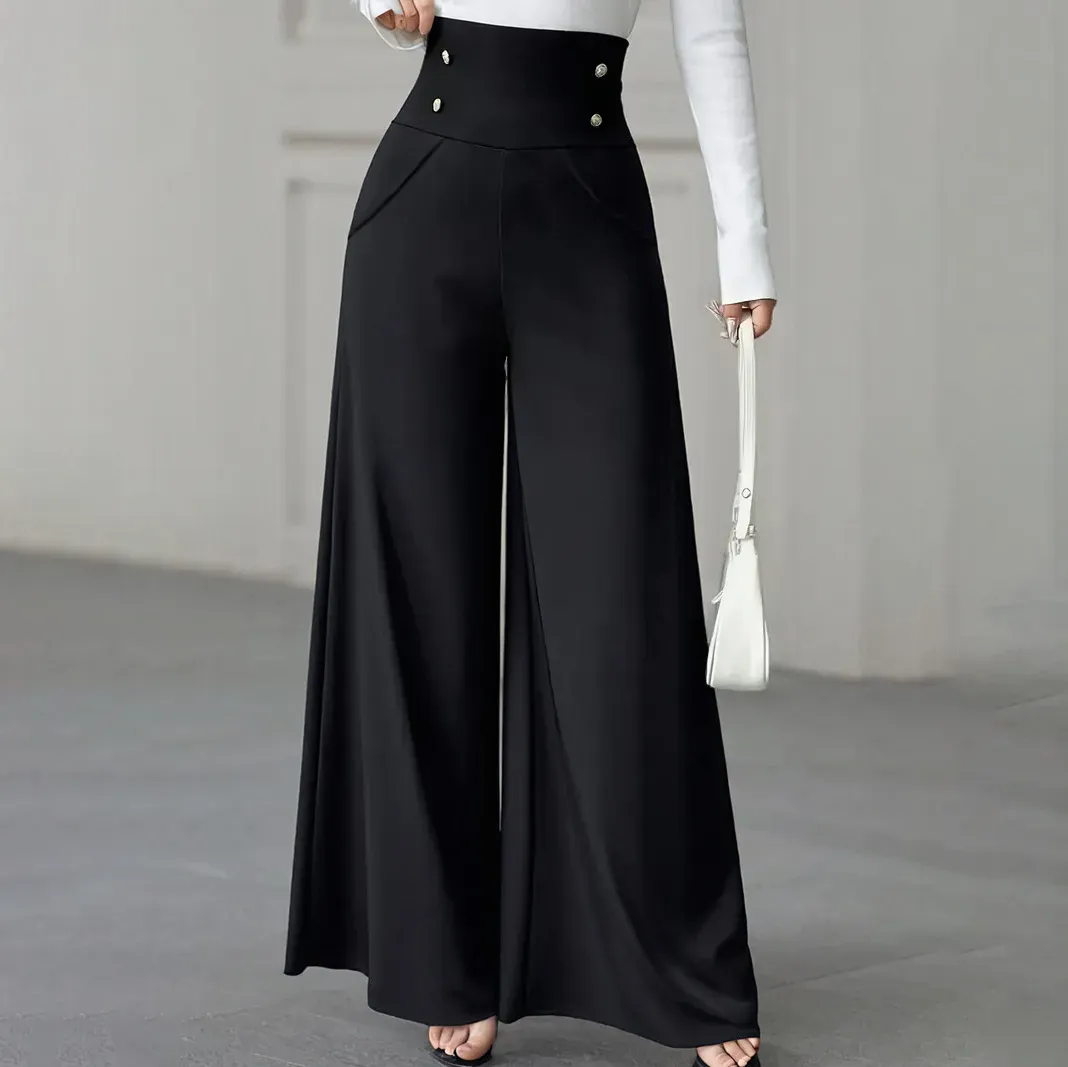 Women Fashion Casual Elegant Solid Color High Waist Wide Leg Pants