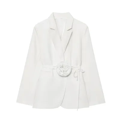 Women Fashion Elegant Autumn Solid Color Three-Dimensional Floral Lace-Up Loose Blazer