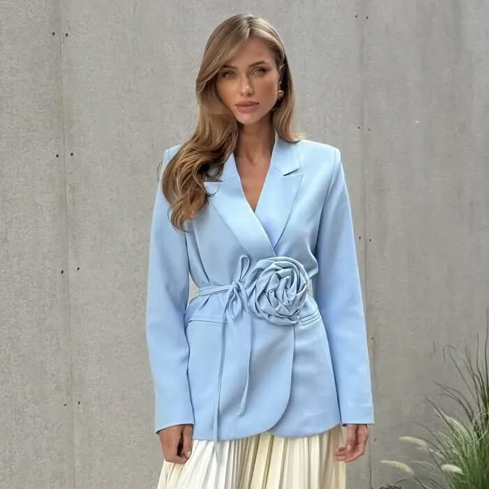 Women Fashion Elegant Autumn Solid Color Three-Dimensional Floral Lace-Up Loose Blazer