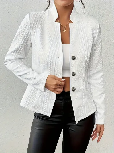 Women Fashion Casual Autumn Solid Color Jacquard Pattern Button Stand Collar Long-Sleeve Blazer