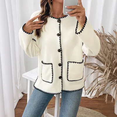 Women Fashion Casual Autumn White Trim Fleece Long-Sleeve Loose Coat