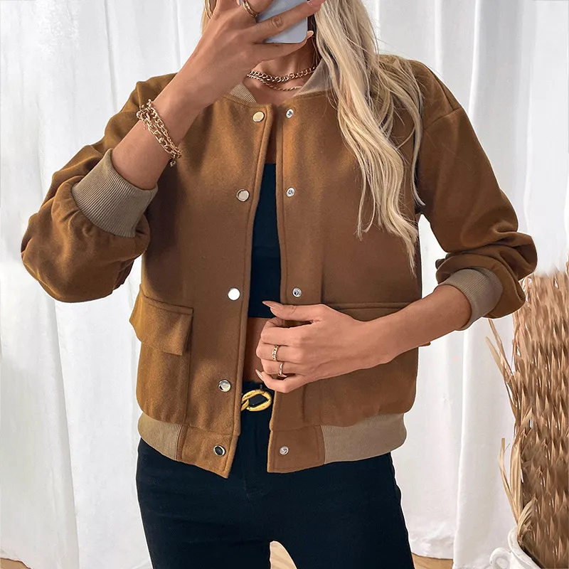 Women Fashion Casual Retro Autumn Contrast Color Long-Sleeve Button Jacket