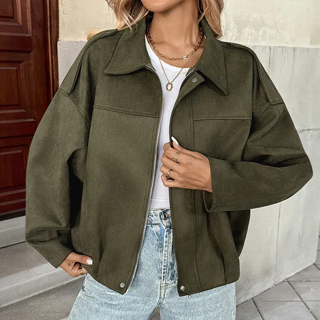 Women Fashion Casual Autumn Solid Color Suede Lapel Long-Sleeve Jacket