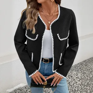 Women Fashion Casual Autumn Loose Trim V-Neck Color-Matching Jacket