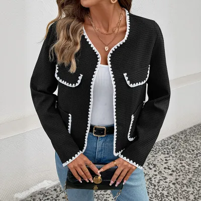 Women Fashion Casual Autumn Loose Trim V-Neck Color-Matching Jacket
