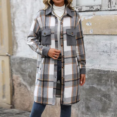 Women Fashion Casual Autumn And Winter Plaid Long Lapel Long-Sleeve Loose Long Coat