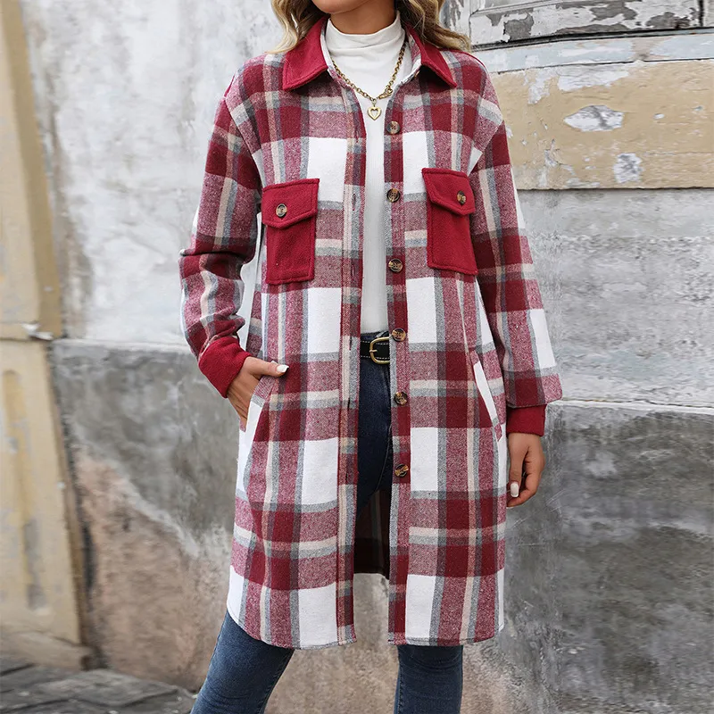 Women Fashion Casual Autumn And Winter Plaid Long Lapel Long-Sleeve Loose Long Coat