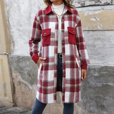 Women Fashion Casual Autumn And Winter Plaid Long Lapel Long-Sleeve Loose Long Coat