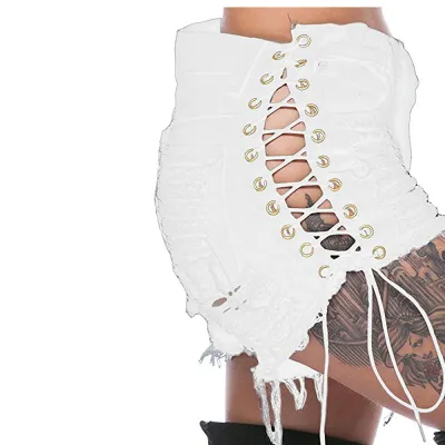 Women Fashion Sexy Spring And Summer Solid Color Side Hollow-Out Drawstring Stretch Denim Shorts