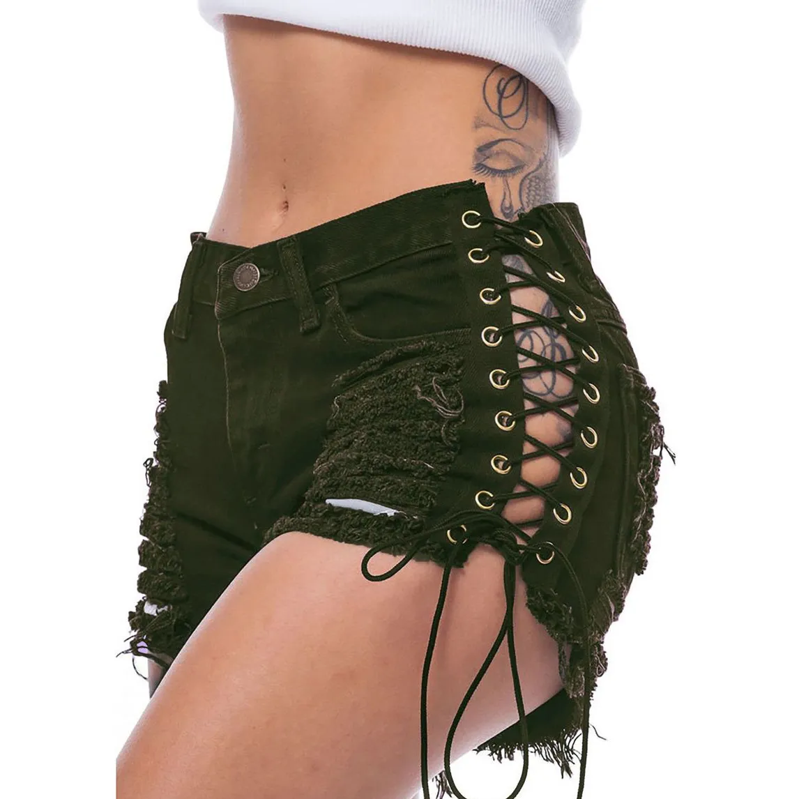 Women Fashion Sexy Spring And Summer Solid Color Side Hollow-Out Drawstring Stretch Denim Shorts