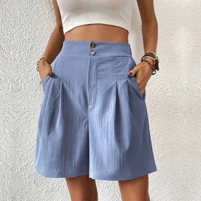 Women Fashion Casual Summer Solid Color Loose High Waist Wide Leg Shorts