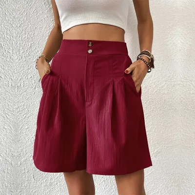 Women Fashion Casual Summer Solid Color Loose High Waist Wide Leg Shorts