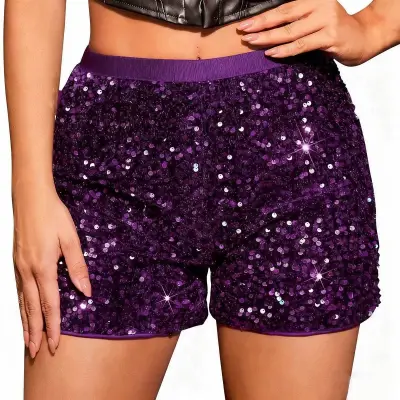 Women Fashion Casual Spring And Summer Solid Color Sequins Slim-Fit Straight Shorts