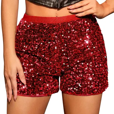 Women Fashion Casual Spring And Summer Solid Color Sequins Slim-Fit Straight Shorts