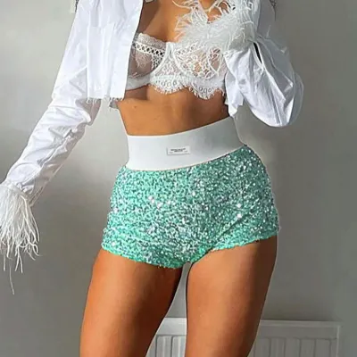 Women Fashion Sexy Summer Sequins High Waist Slim Fit Shorts