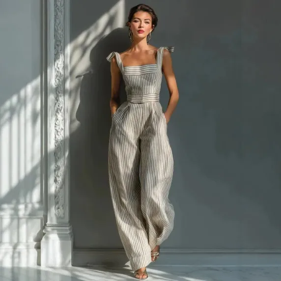 Women Fashion Casual Summer Stripe Sleeveless Pocket Wide Leg Jumpsuit