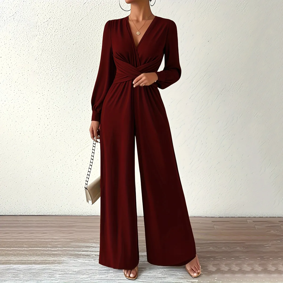Women Fashion Elegant Solid Color V-Neck Cross Long Sleeve Waist Jumpsuit