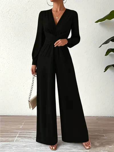 Women Fashion Elegant Solid Color V-Neck Cross Long Sleeve Waist Jumpsuit