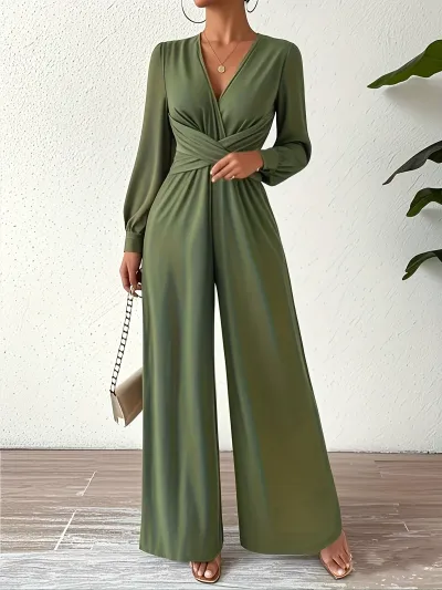 Women Fashion Elegant Solid Color V-Neck Cross Long Sleeve Waist Jumpsuit