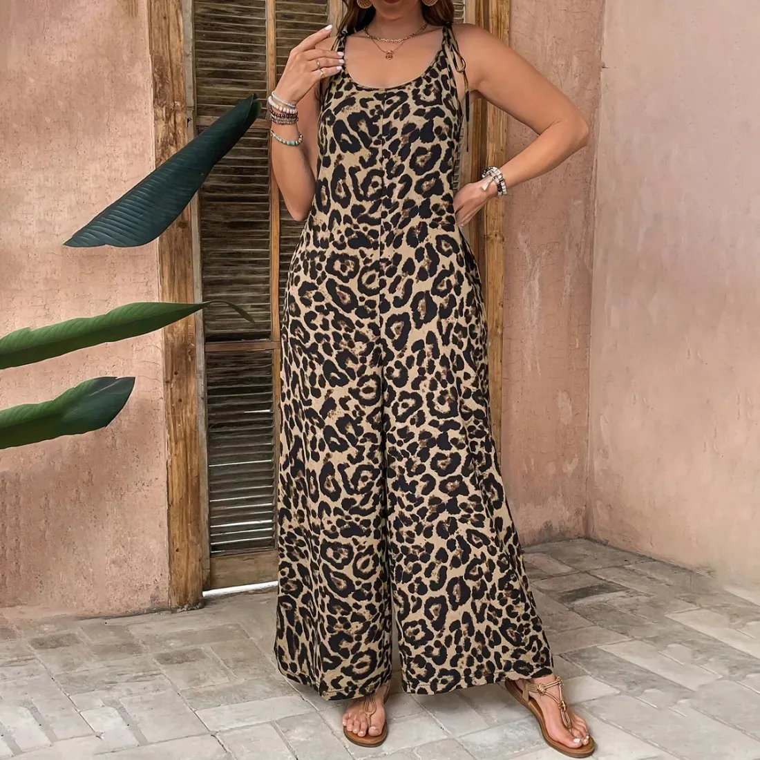 Women Fashion Casual Summer Leopard Sleeveless Loose Wide-Leg Jumpsuits