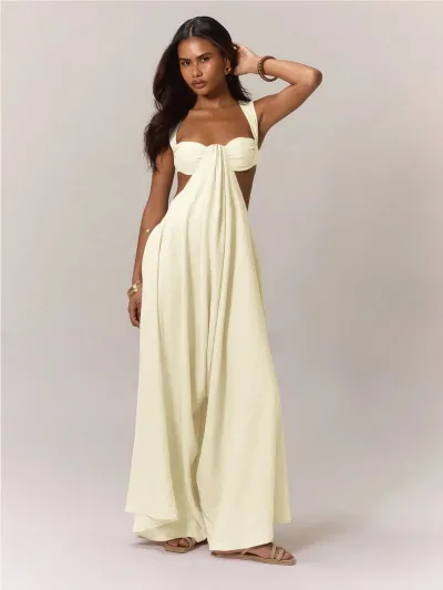 Women Fashion Casual Solid Color Sleeveless Backless Lace-Up Loose Jumpsuits