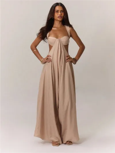 Women Fashion Casual Solid Color Sleeveless Backless Lace-Up Loose Jumpsuits