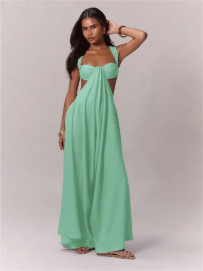 Women Fashion Casual Solid Color Sleeveless Backless Lace-Up Loose Jumpsuits