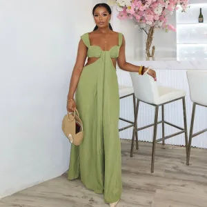 Women Fashion Casual Solid Color Sleeveless Backless Lace-Up Loose Jumpsuits