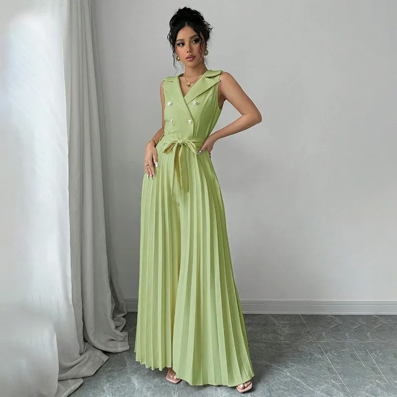 Women Fashion Casual Solid Color Lapel Sleeveless Bow Lace-Up Waist Pleated Jumpsuit