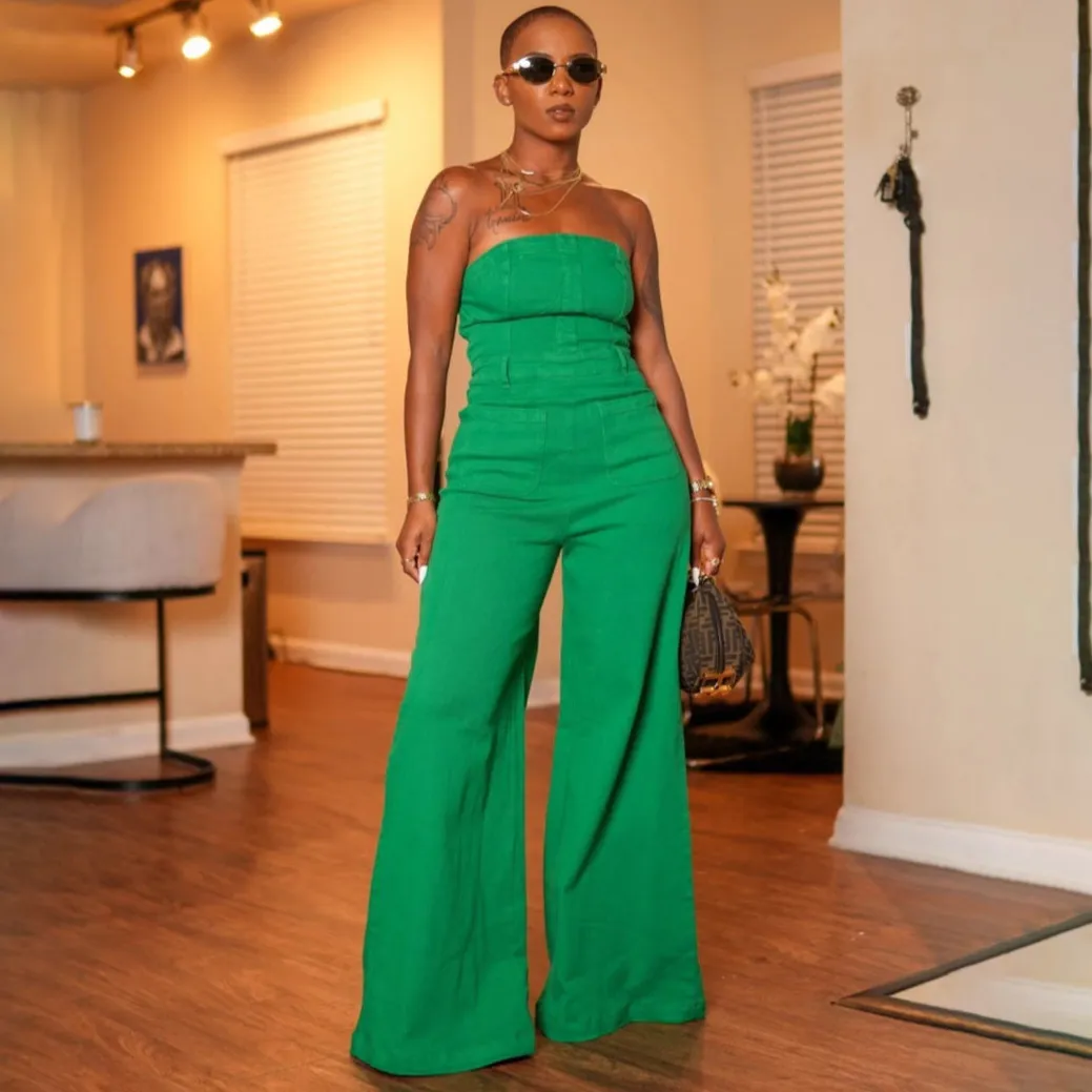 Women Fashion Solid Color Tube Top Wide Leg Jumpsuits