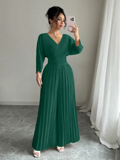 Women Fashion Casual Elegant Solid Color V-Neck Long-Sleeve Waist Pleated Loose Jumpsuits