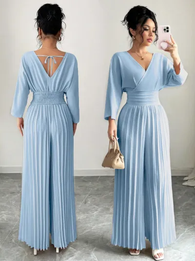 Women Fashion Casual Elegant Solid Color V-Neck Long-Sleeve Waist Pleated Loose Jumpsuits