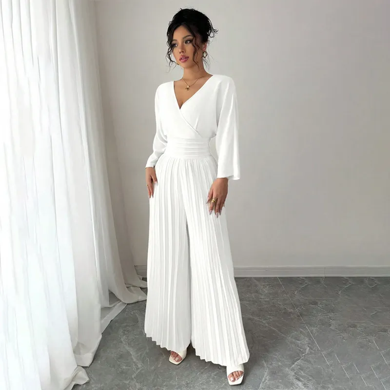 Women Fashion Casual Elegant Solid Color V-Neck Long-Sleeve Waist Pleated Loose Jumpsuits