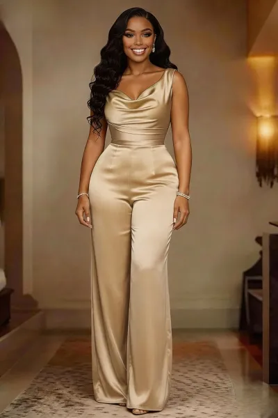 Women Fashion Casual Solid Color Satin Sleeveless Tight Waist Wide Leg Jumpsuits