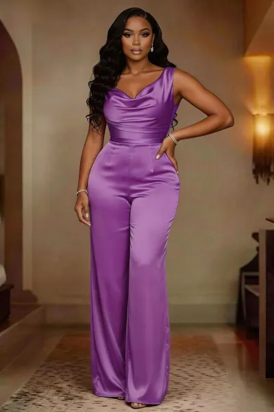Women Fashion Casual Solid Color Satin Sleeveless Tight Waist Wide Leg Jumpsuits