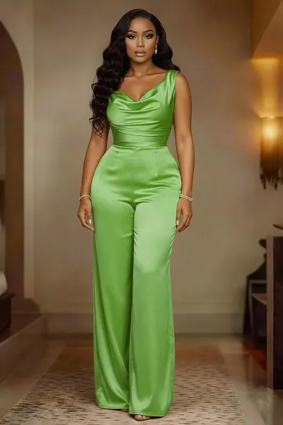 Women Fashion Casual Solid Color Satin Sleeveless Tight Waist Wide Leg Jumpsuits