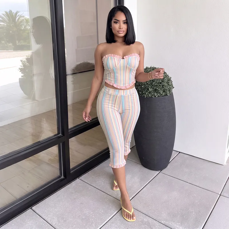 Women Fashion Sexy Summer Stripe Sleeveless Backless Tube Top High Waist Slim-Fit Pants Two-Piece Set