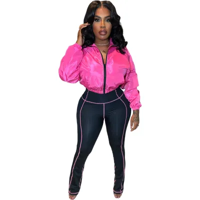 Women Fashion Casual Zipper Long-Sleeve Jacket Tight Pants Two-Piece Set