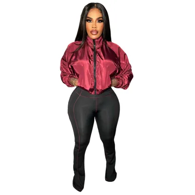 Women Fashion Casual Zipper Long-Sleeve Jacket Tight Pants Two-Piece Set