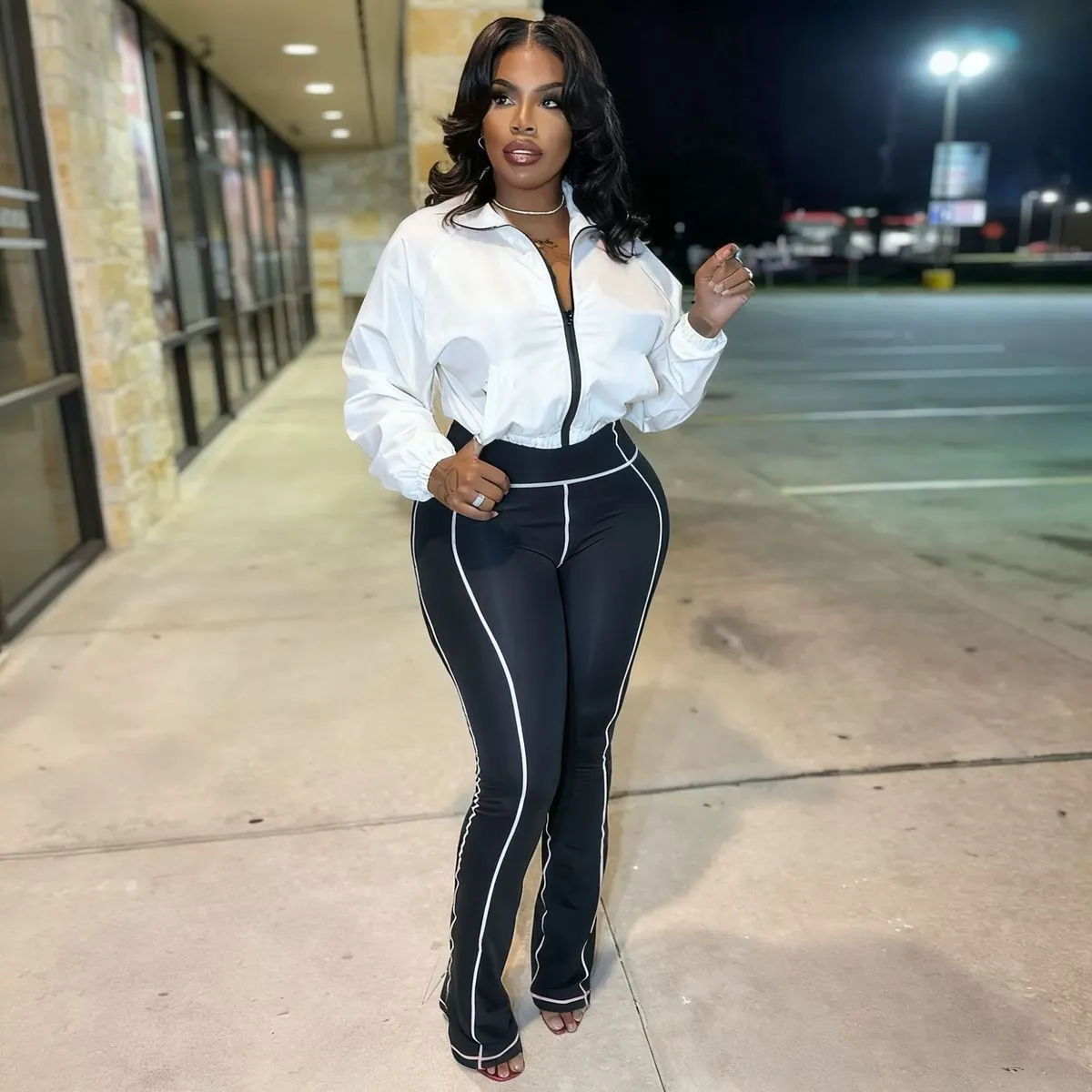 Women Fashion Casual Zipper Long-Sleeve Jacket Tight Pants Two-Piece Set