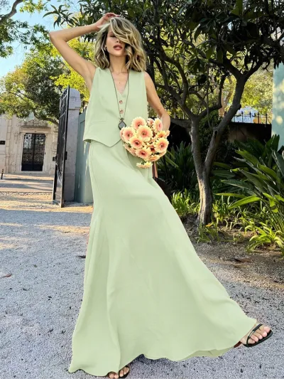 Women Fashion Summer Solid Color Cotton And Linen Vest Maxi Loose Skirt Two-Piece Set