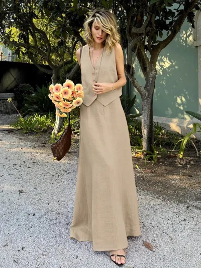 Women Fashion Summer Solid Color Cotton And Linen Vest Maxi Loose Skirt Two-Piece Set