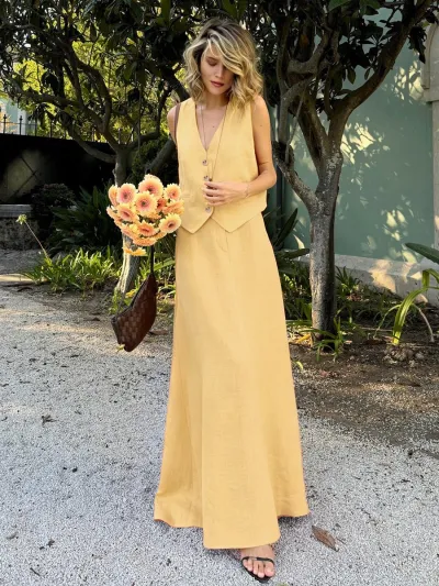 Women Fashion Summer Solid Color Cotton And Linen Vest Maxi Loose Skirt Two-Piece Set