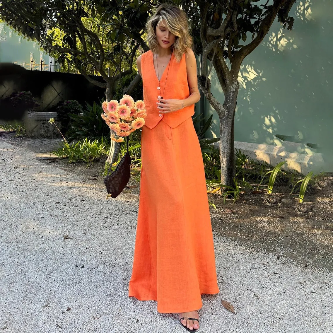 Women Fashion Summer Solid Color Cotton And Linen Vest Maxi Loose Skirt Two-Piece Set