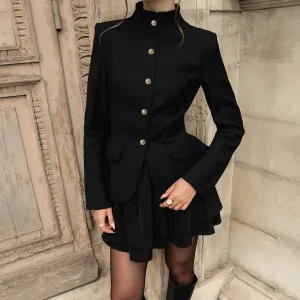 Women Fashion Autumn And Winter Office Long-Sleeve Blazer Mini Ruffled Skirt Two-Piece Set