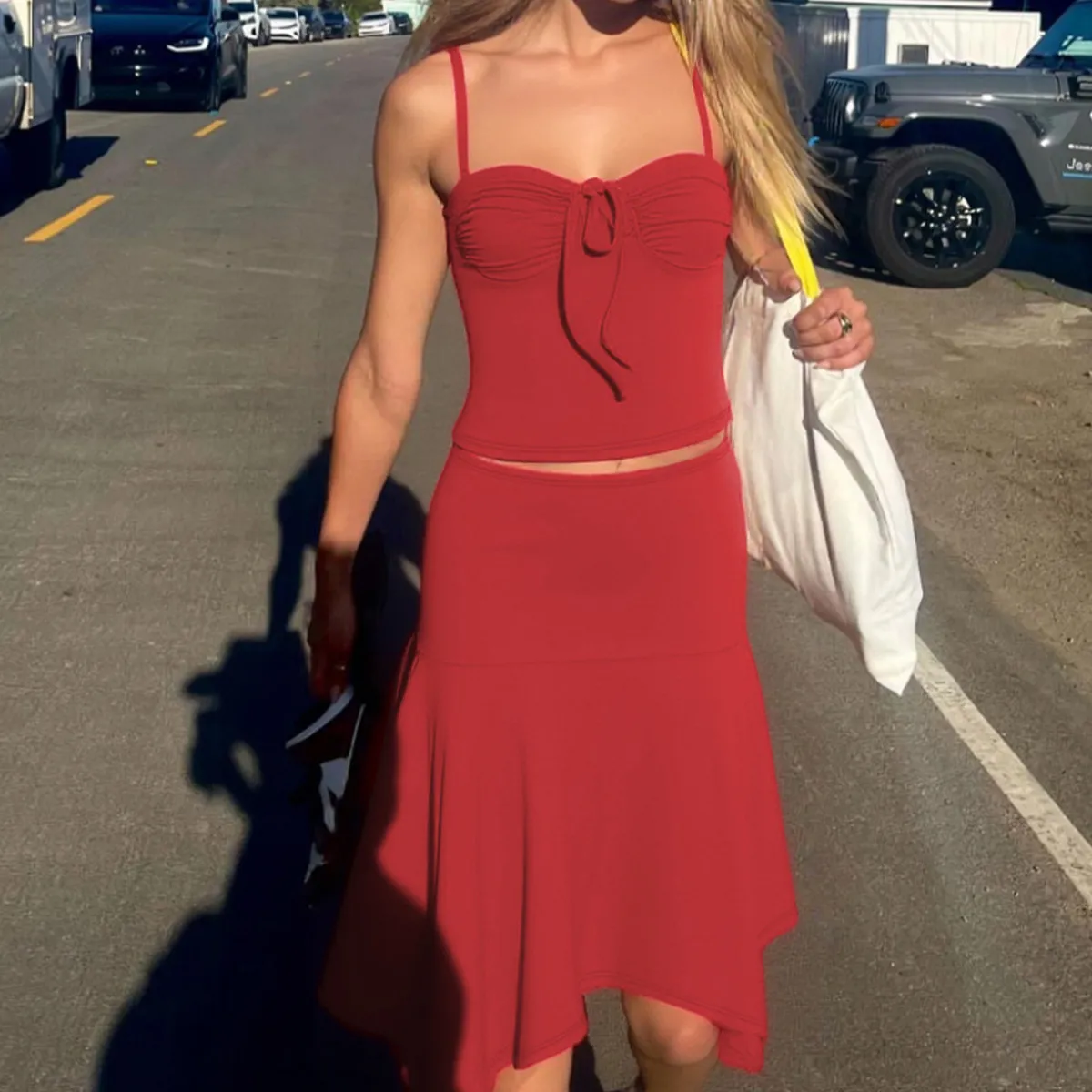 Women Fashion Sexy Summer Solid Color Camisole Midi Skirt Two-Piece Set