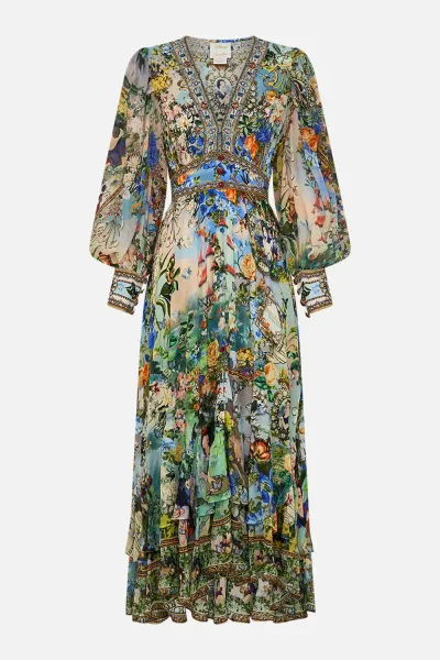 Autumn Women Casual Floral Print V-Neck Long Sleeve Chiffon Maxi Dress