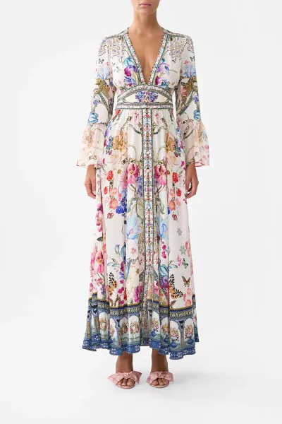 Autumn Women Casual Floral Print V-Neck Long Sleeve Chiffon Maxi Dress