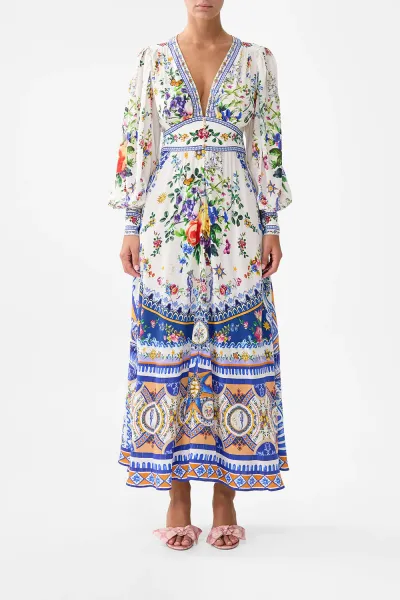 Autumn Women Casual Floral Print V-Neck Long Sleeve Chiffon Maxi Dress