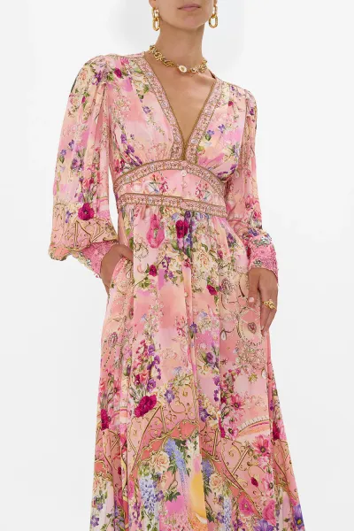 Autumn Women Casual Floral Print V-Neck Long Sleeve Chiffon Maxi Dress